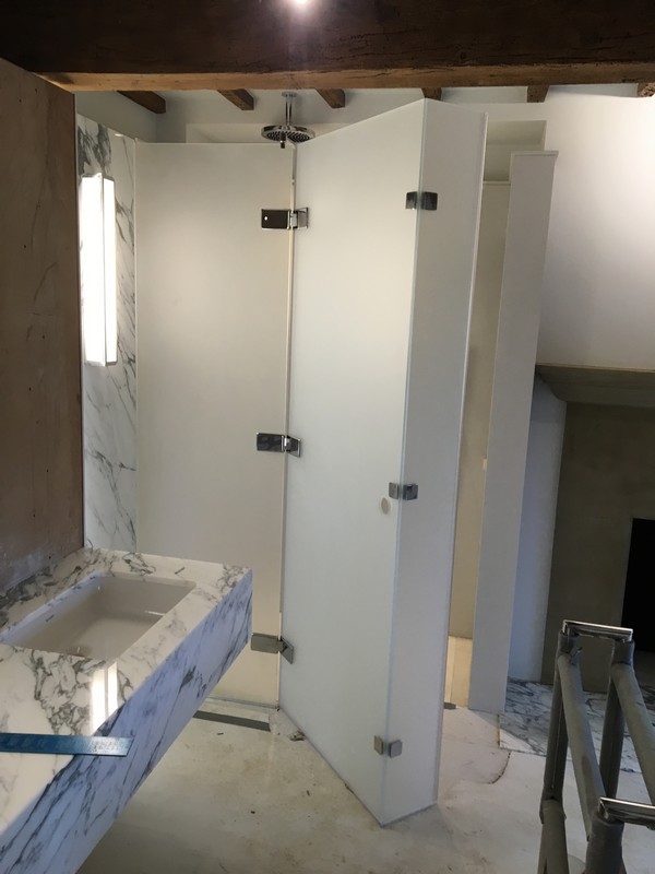 Bespoke frosted glass shower enclosure in Brockley luxury bathroom